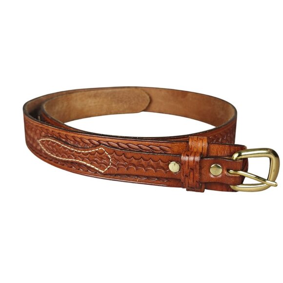 Vintage L.L. Bean Double Strap Leather Belt Basketweave Embossed Brass Buckle - Picture 1 of 7